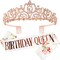 Rose Gold Birthday Tiara Crown for Women, Happy Birthday Flower Crown Sash, Birthday Decorations Party Favors Supplies Birthday Cake Toppers Birthday Gifts for Women Halloween Cosplay